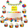 Picture of 34 Pieces Building Block Themed Happy Birthday Cake Toppers Cupcake Building Block Cake Banners Building Block Birthday Decorations for Kids Adults Birthday Party Supplies
