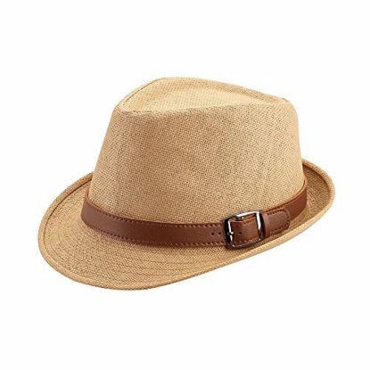Picture of FALETO Summer Straw Fedora Hat for Men Women Mens Beach Hats Cuban Hat Sun Hat Unisex Short Brim Fedora Panama Trilby Hat with Leather Belt