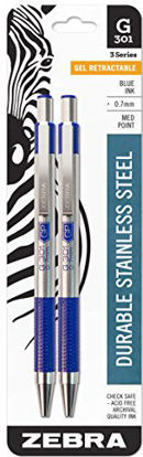 Picture of Zebra Pen G-301 Stainless Steel Retractable Gel Pen, Medium Point, 0.7mm, Blue Ink, 2-Count, 2 Pack (41322)