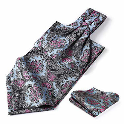 Picture of Men's Cravat Ascot Ties Paisley Jacquard Woven Floral Luxury Blue and Pink Ascot Scarf Tie and Handkerchief Set