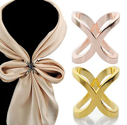 Picture of Women's Elegant X Shape Silk Scarf Clip Ring Scarves Buckle Holder for Wedding Party (Silver)
