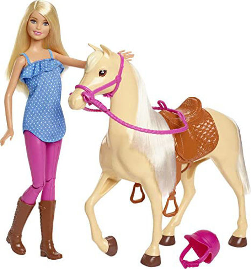 Picture of Barbie Doll, Blonde, Wearing Riding Outfit with Helmet, and Light Brown Horse with Soft White Mane and Tail, Gift for 3 to 7 Year Olds