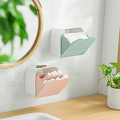 Picture of MORNITE Wall Organizer Box Jar, Bathroom Vanity Storage Canister Holder for Cotton Swabs,Balls,Makeup Pads,Sponges,Bath Salts,Sanitary Napkins, Kitchen Office Bedroom Washroom,Pink