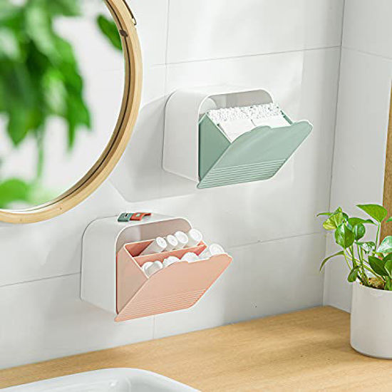 Picture of MORNITE Wall Organizer Box Jar, Bathroom Vanity Storage Canister Holder for Cotton Swabs,Balls,Makeup Pads,Sponges,Bath Salts,Sanitary Napkins, Kitchen Office Bedroom Washroom,Pink