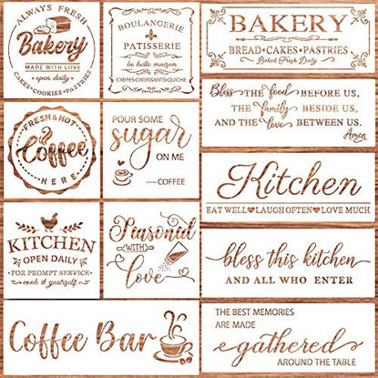 Picture of Farmhouse Kitchen Stencil Reusable Stencils for Painting on Wood,Bakery Sign Coffee Painting Stencils for Home Wall Dining Room Furniture DIY