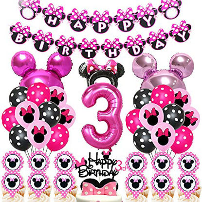 Picture of 50pcs Minnie Birthday Decorations Minnie 3 year old Girl Birthday Party Supplies Minnie Balloons Cake Topper Cupcake Topper