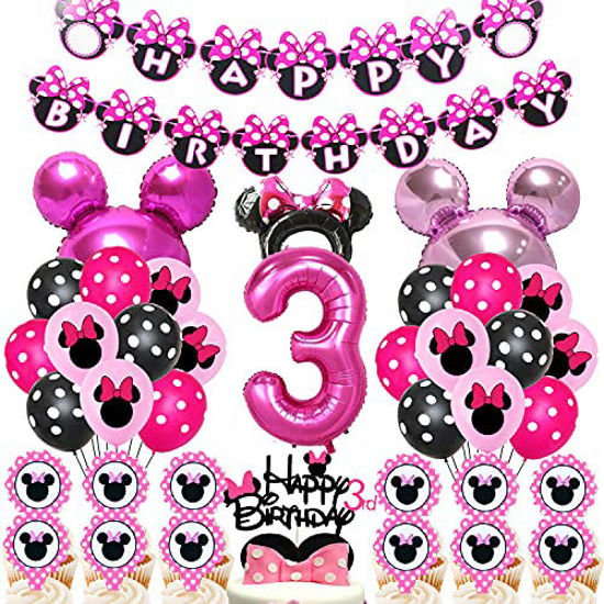 Picture of 50pcs Minnie Birthday Decorations Minnie 3 year old Girl Birthday Party Supplies Minnie Balloons Cake Topper Cupcake Topper