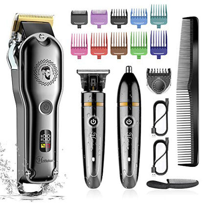 Picture of Hatteker Hair Clipper Cordless Hair Trimmer Barber Clipper T-Blade Trimmer Beard Trimmer Nose Trimmer Hair Cutting Grooming Kit Professional IPX7 Waterproof