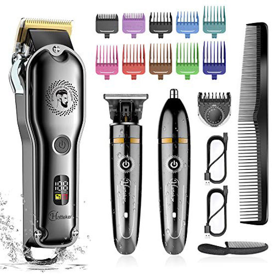 Picture of Hatteker Hair Clipper Cordless Hair Trimmer Barber Clipper T-Blade Trimmer Beard Trimmer Nose Trimmer Hair Cutting Grooming Kit Professional IPX7 Waterproof