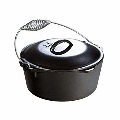 Picture of Lodge 5 Quart Cast Iron Dutch Oven. Pre Seasoned Cast Iron Pot and Lid with Wire Bail for Camp Cooking
