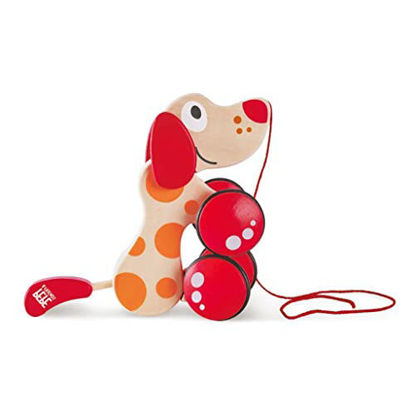 Picture of Walk-A-Long Puppy Wooden Pull Toy by Hape | Award Winning Push Pull Toy Puppy For Toddlers Can Sit, Stand and Roll. Rubber Rimmed Wheels for Easy Push and Pull Action, Red , Red/Orange