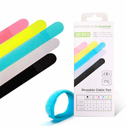 Picture of Avantree Pack of 20 Reusable Cord Organizer Keeper Holder, Fastening Cable Ties Straps for Earbud Headphones Phones Electronics Electrical Computer PC Wire Wrap Management, Assorted 3 Size and 5 Color