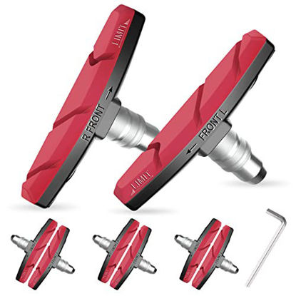 Picture of Bike Brake Pads Set, Alritz 6 PCS Road Mountain Bicycle V-Brake Blocks Shoes with Hex Nut and Shims, No Noise No Skid, 70mm, for Front and Back Wheel (Red)