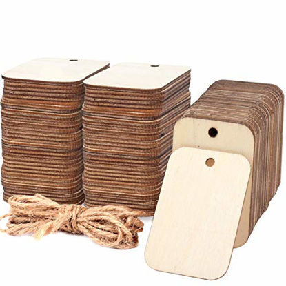 Picture of 100 Pcs Unfinished Wood Pieces Rectangle-Shaped, Light Wooden Cutout Natural Rustic with Hole, and 2M Hemp Rope, for Craft Projects, Hanging Decorations, Painting, Staining (2? x 1.3?)