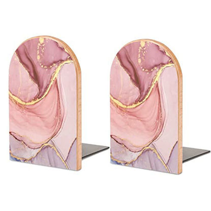 Picture of 2 PCS Wood Book Ends,Pink Glitter Rose Gold Marble Bookends for Shelves Non-Skid Book Stand for Home Office School Sturdy Book Holders for Heavy Books 5x3 inch