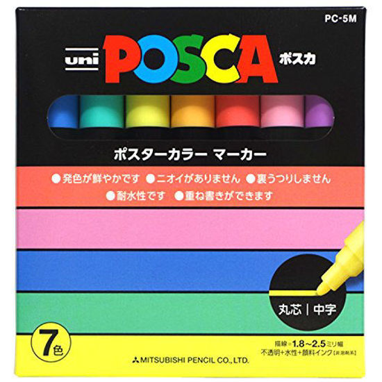 Picture of uni Posca Paint Marker Pen, Medium Point, Set of 7 Natural Color (PC-5M 7C), Pastel Yellow, Pastel Orange, Pastel Green, Pastel Purple, Sky Blue, Light Pink, Coral Pink