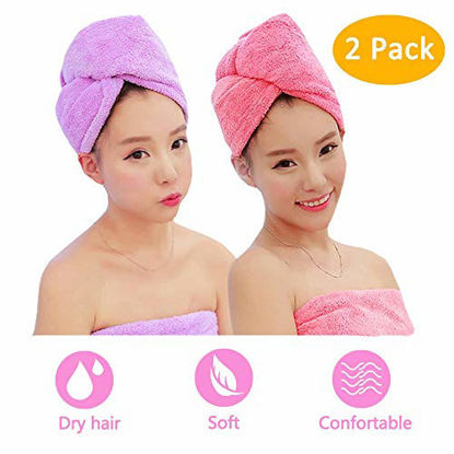Picture of Microfiber Hair Towel, 2 Pack Dry Hair Towel Twist Wrap Absorbent Quickly Dry Hair Towel for Kids and Women (Pink+Purple)