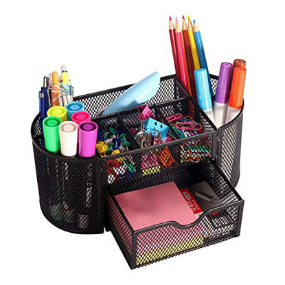 Picture of Comix Pen Holder, Mesh Desk Organizers with 8 Compartments and 1 Drawer, Oval Shaped Pencil Holder for Home School Office Supplies