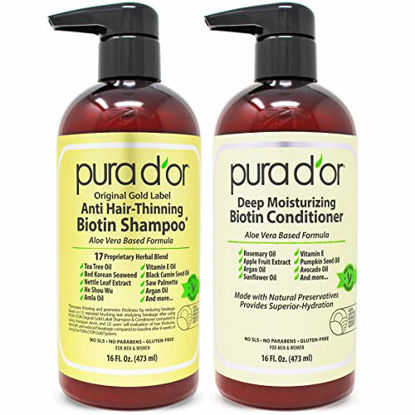 Picture of PURA D'OR Biotin Original Gold Label Anti-Thinning (16oz x 2) Shampoo & Conditioner Set, Clinically Tested Effective Solution w/ Herbal DHT Ingredients, All Hair Types, Men & Women (Packaging Varies)