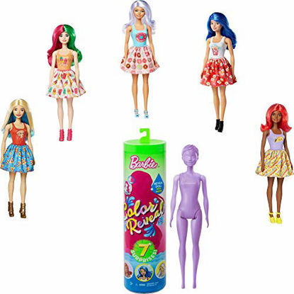 Picture of Barbie Color Reveal Doll with 7 Surprises: Water Reveals Doll?s Look & Creates Color Change on Face & Sculpted Hair; 4 Mystery Bags Contain Surprise Scented Wig, Skirt, Shoes & Sponge; Food-Themed