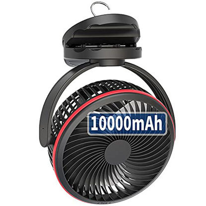 Picture of 10000mAh Battery Operated Clip On Fan with Hanging Hook, Super Strong Airflow, 4 Speeds, Sturdy Clamp, Timer, for Desktop Tent Treadmill Golf Cart Hurricane Camping