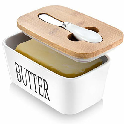 Picture of AISBUGUR Large Butter Dish with Lid Ceramics Butter Keeper Container with Knife and High- quality Silicone Sealing Butter Dishes with Covers Good Kitchen Gift White