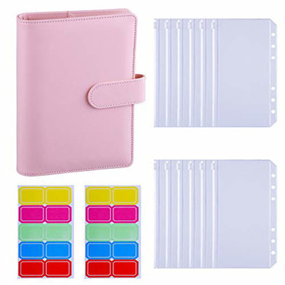 Picture of Antner A6 PU Leather Budget Binder Cover with 12PCS A6 Binder Pockets Loose Leaf Bags 6 Ring Budget Binder Cash Envelopes System, Pink