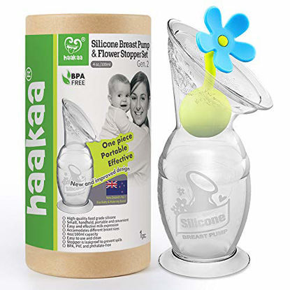 Picture of Haakaa Silicone Breast Pump with Suction Base and Flower Stopper 100% Food Grade Silicone BPA PVC and Phthalate Free (4oz/100ml) (Blue)