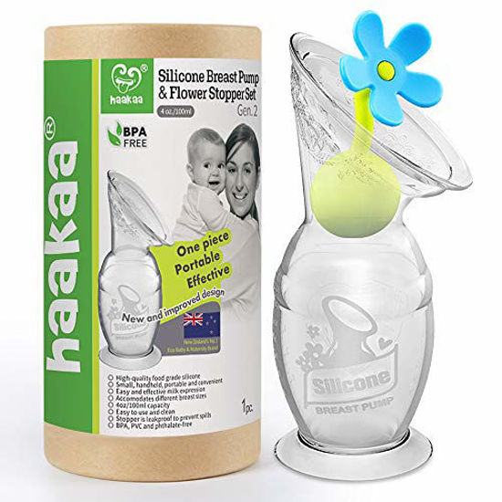 Picture of Haakaa Silicone Breast Pump with Suction Base and Flower Stopper 100% Food Grade Silicone BPA PVC and Phthalate Free (4oz/100ml) (Blue)