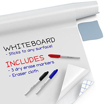 Picture of Kassa Large Whiteboard Wall Sticker Roll - 17.3" x 96? (8 Feet) - 3 Dry Erase Board Markers Included - Adhesive White Board Wallpaper for Fridge, Office & Kids Room - Peel and Stick Paper Decal
