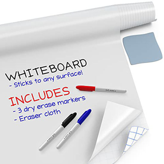 Picture of Kassa Large Whiteboard Wall Sticker Roll - 17.3" x 96? (8 Feet) - 3 Dry Erase Board Markers Included - Adhesive White Board Wallpaper for Fridge, Office & Kids Room - Peel and Stick Paper Decal