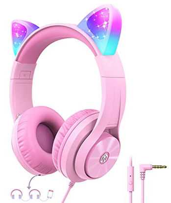 Picture of Cat Ear Led Light Up Kids Headphones with Microphone, iClever HS20 Wired Headphones -Shareport- 94dB Volume Limited, Foldable Over-Ear Headphones for Kids/School/iPad/Tablet/Travel (Medium, Pink)