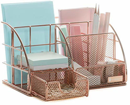 Picture of Rose Gold Desk Organizer for Women, ROSEWORK Mesh Office Supplies Desk Accessories, Features 5 Compartments + 1 Mini Sliding Drawer