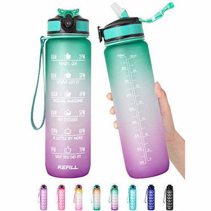 Picture of 32 oz Motivational Water Bottle with Time Marker & Straw - BPA Free & Leakproof Tritian Frosted Portable Reusable Fitness Sport 1L Water Bottle for Men Women Kids Student to Office School Gym Workout
