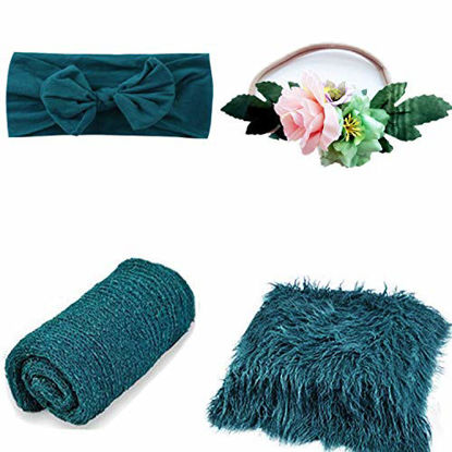 Picture of 4 Pcs Newborn Photography Props Outfits- Baby Dark Green Long Ripple Wrap and Toddler Swaddle Blankets Photography Mat with Cute Headbands for Infant Boys Girls(0-12 Months)