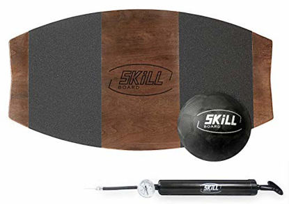 Picture of The Skill Board - Wooden Balance Board for Adults - Wobble Board for All Sports, Gym, Standing Desk, or Yard Games - Balance Trainer, Fitness Ball, Ball Pump, Grip Tape