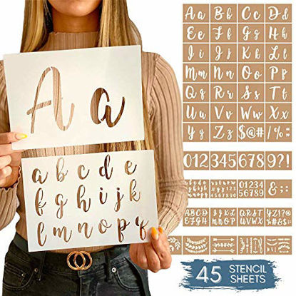 Picture of Boutique Calligraphy Stencil Template Kit - 45 Reusable Pieces - Includes Lettering Upper and Lowercase both Large and Small, Numbers, Punctuation, Laurels and Flowers - For Arts Crafts Painting Wood