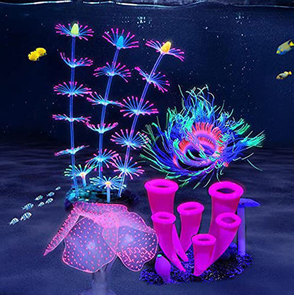 Picture of 4 Pieces Silicone Glow Fish Tank Decorations Plants with Simulation Silicone Coral, Artificial Horn Coral,Fluorescence Sea Anemone for Aquarium Fish Tank Glow Ornament