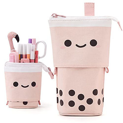 Picture of ANGOOBABY Standing Pencil Case Cute Telescopic Pen Holder Kawaii Stationery Pouch Makeup Cosmetics Bag for School Students Office Women Teens Girls Boys (Pink)