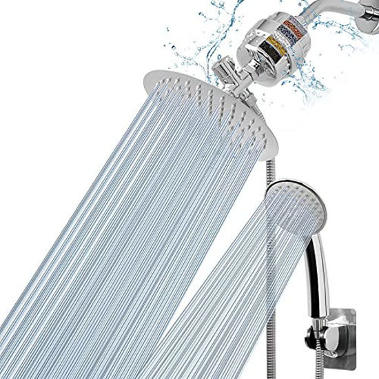 Picture of NearMoon Filtered Shower Head , High Pressure 8?Round Rain Shower Head and 5 settings Handheld Shower Filter Combo with Self-adhesive Holder/1.5M Hose -1 Replaceable Filter Cartridge (Chrome Finish)