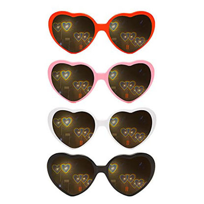 Picture of 4pcs Heart Effect Diffraction Glasses, 3D Heart Sunglasses with Heart Effects, Special Effect Heart-Shaped Sunglasses Fashion Rave Glasses for Men Women Festival, Party