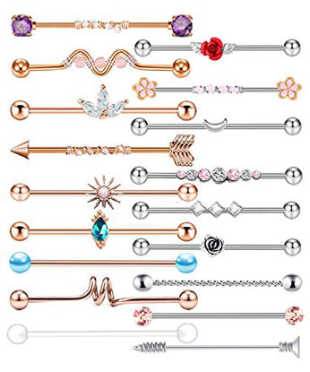 Picture of 18pcs 16G 14G Surgical Steel Industrial Piercings Barbell for Women Men Cartilage Industrial Earring Conch Industrial Bar Jewelry 1 1/2 Inch 38mm