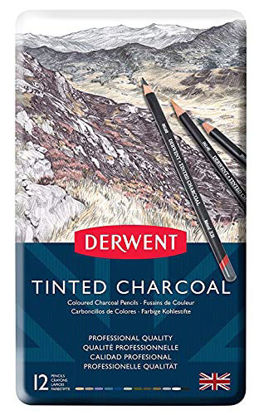 Picture of Derwent Tinted Charcoal Pencils, 4mm Core, Metal Tin, 12 Count (2301690)