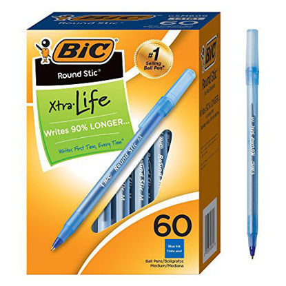 Picture of BIC Round Stic Xtra Life Ballpoint Pen, Medium Point (1.0mm), Blue, Flexible Round Barrel For Writing Comfort, 60-Count