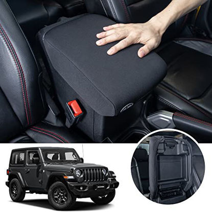 Picture of Center Console Armrest Cover Compatible with Jeep Wrangler JL/JLU 2018 2019 2020 2021 2022 and Jeep Gladiator JT Truck 2020 2021 2022, Accessories Cushion Protector Pad with Key Hole(Not for JK/JKU)