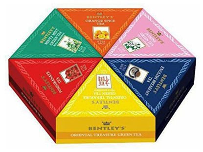 Picture of Bentley's 6 Flavor Tea Sampler Box, 48 Tea Bags, Includes 8 Tea Bags Each: Minty Mint Green Tea, Jasmine Green Tea, Orange Spice Tea, Pomegranate Tea, English Breakfast Tea, Oriental Green Tea