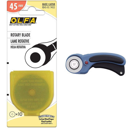 Picture of Blade - 45 mm Rotary cutter - 10 pack & 45mm Ergonomic Rotary Cutter & Squeeze Trigger for Crafts, Sewing, Quilting, Replacement Blade: OLFA RB45-1 (Pacific Blue)