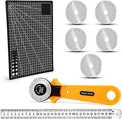 Picture of 45mm Rotary Fabric Cutter with 5 Pcs Replace Blades and A4 Cutting Mat?Black), Rotary Cutter Set for Quilting Sewing Arts Crafts
