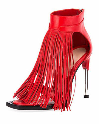 Picture of Alexander McQueen Calfskin Fringe Sandals Shoes with Metal Heel 38 Red