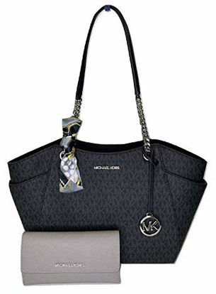 Picture of MICHAEL Michael Kors Jet Set Travel Large Chain Shoulder Tote bundled with Michael Kors Jet Set Travel Trifold Wallet and Skinny Scarf (Signature MK Black/Pearl Grey)